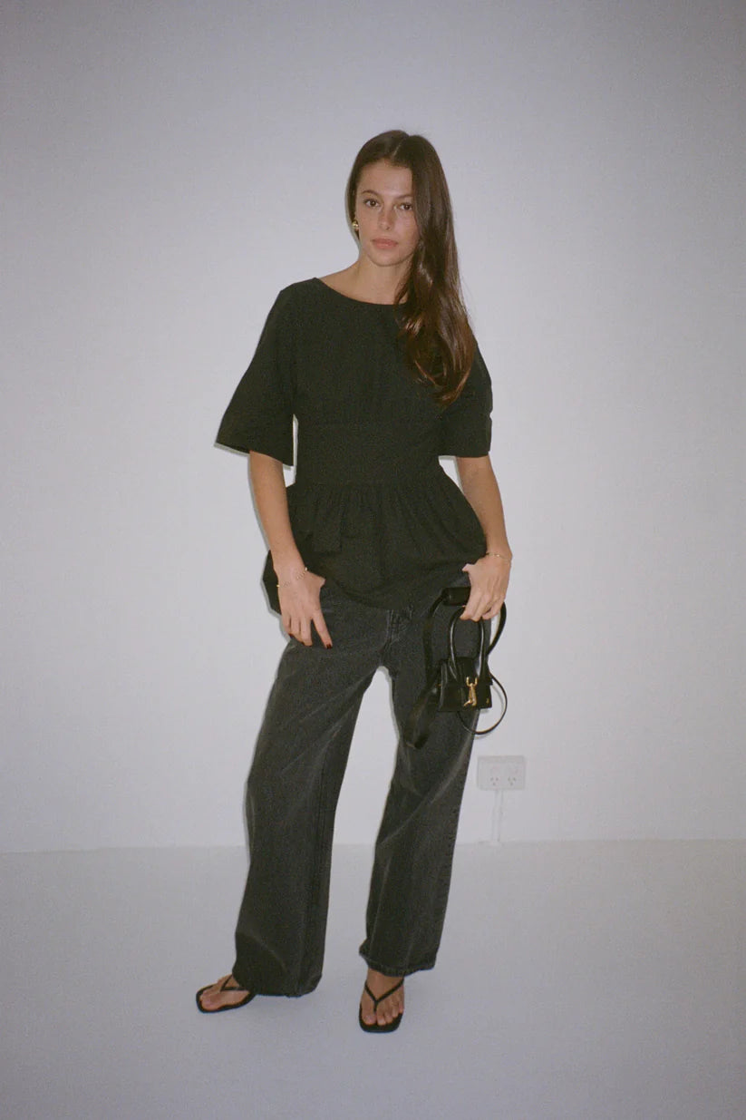 Black Shirt with Open Back, Bow Accent & Waist - Tying Design
