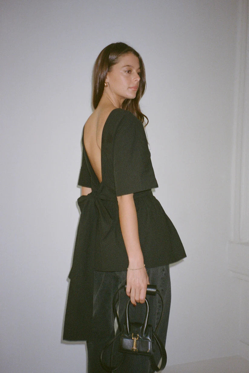 Black Shirt with Open Back, Bow Accent & Waist - Tying Design