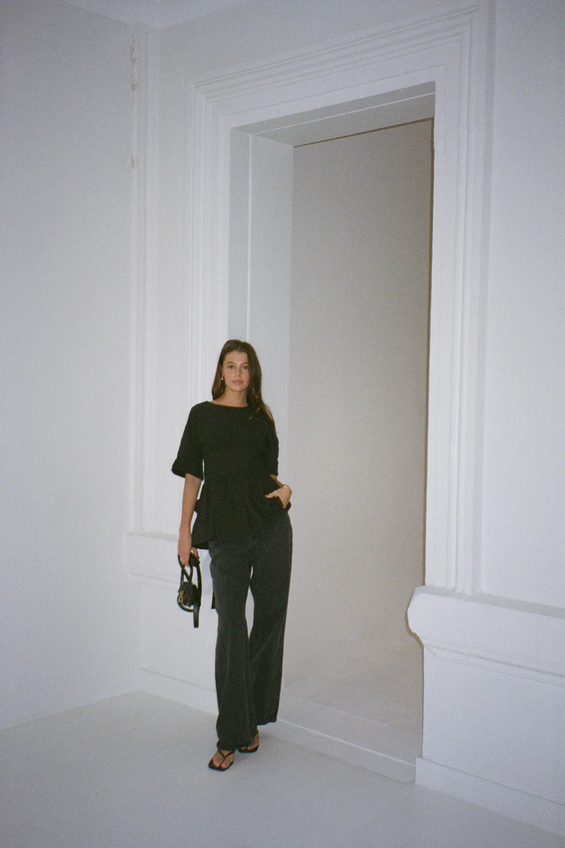 Black Shirt with Open Back, Bow Accent & Waist - Tying Design