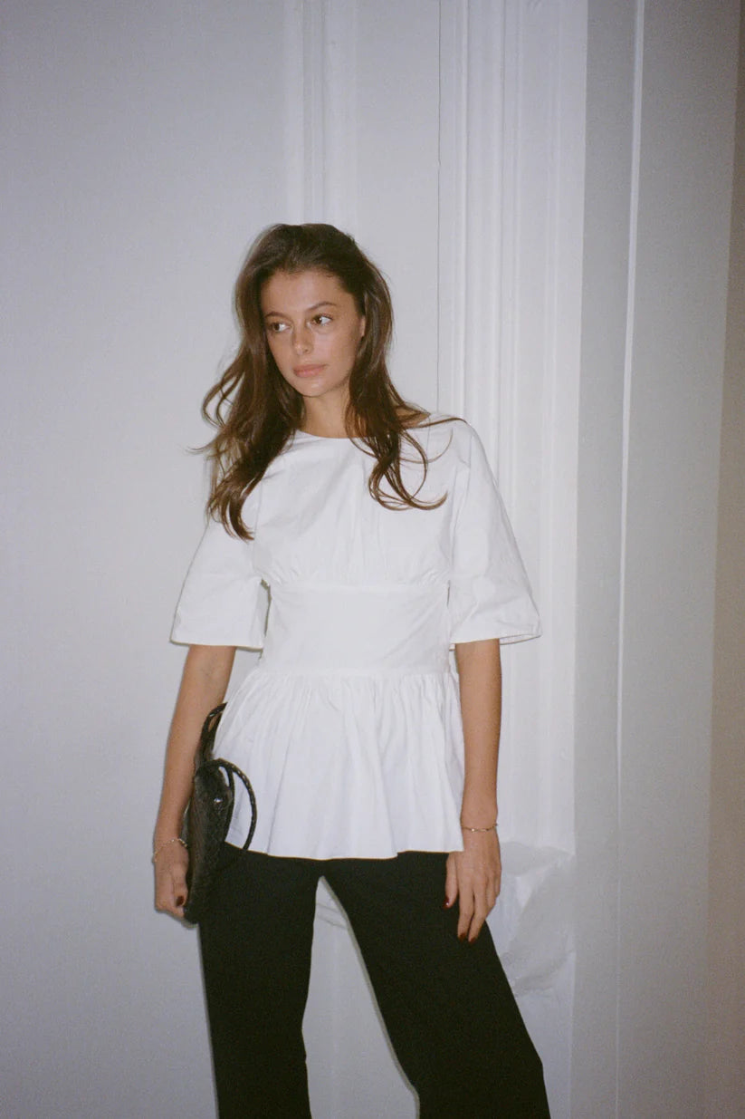 White Shirt with Open Back, Bow Detail & Waist - Cinching