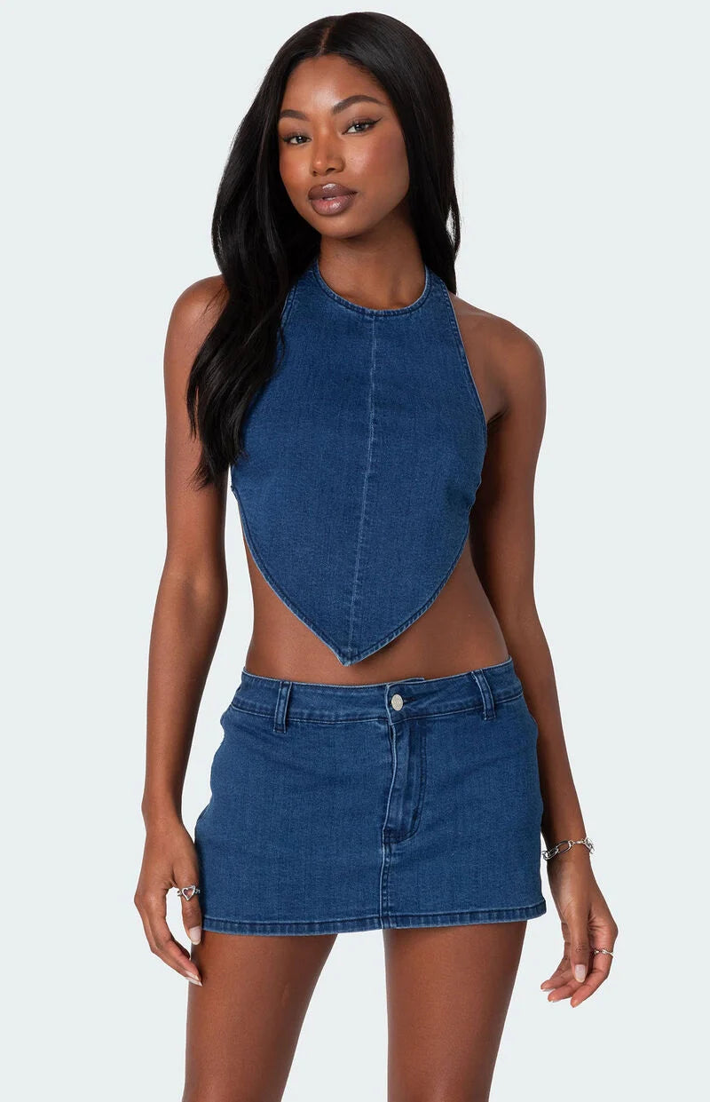 Denim Backless Strappy Halter Top