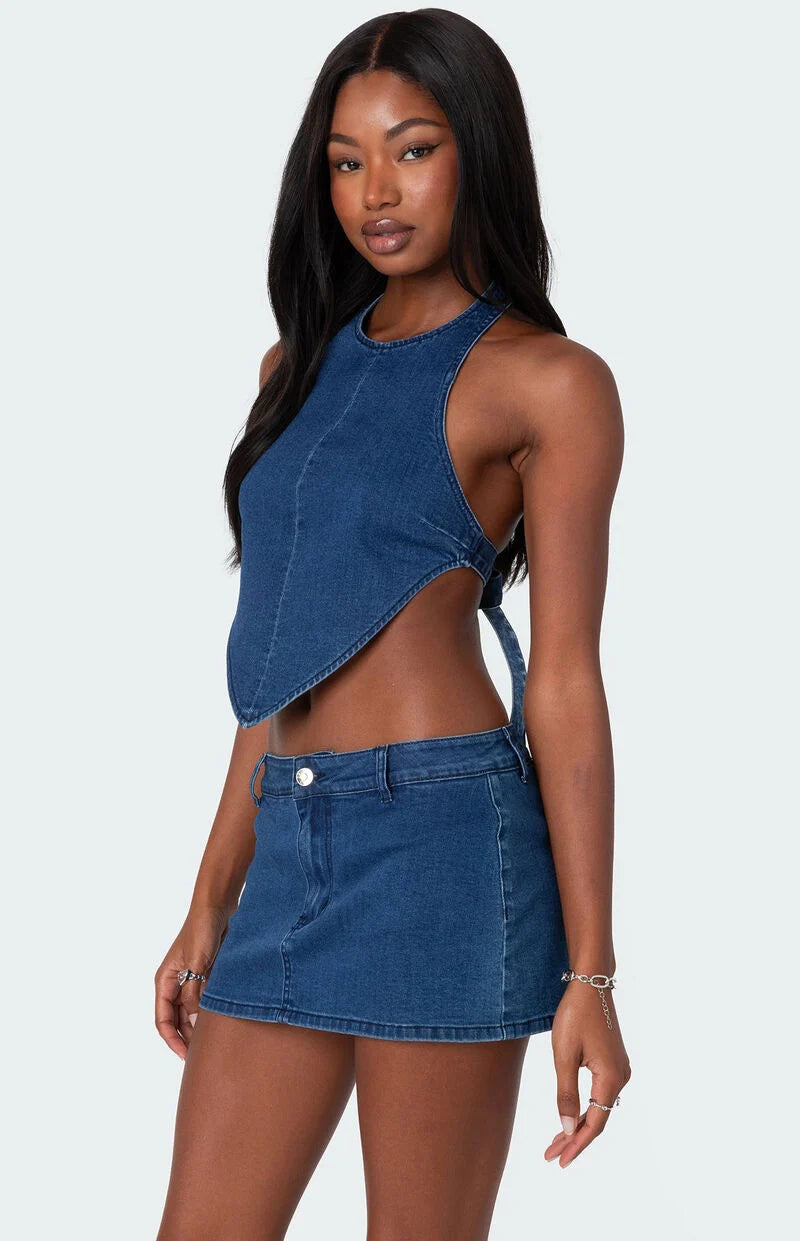 Denim Backless Strappy Halter Top