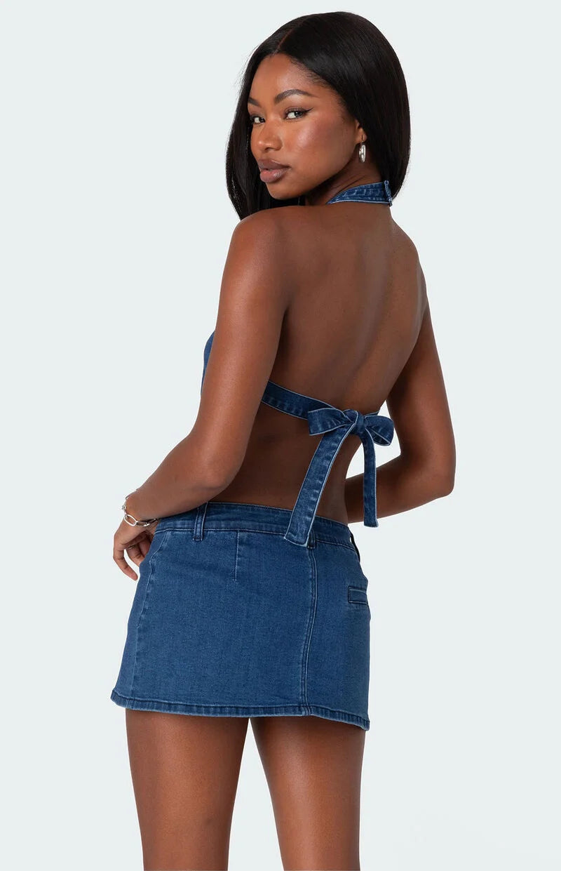 Denim Backless Strappy Halter Top