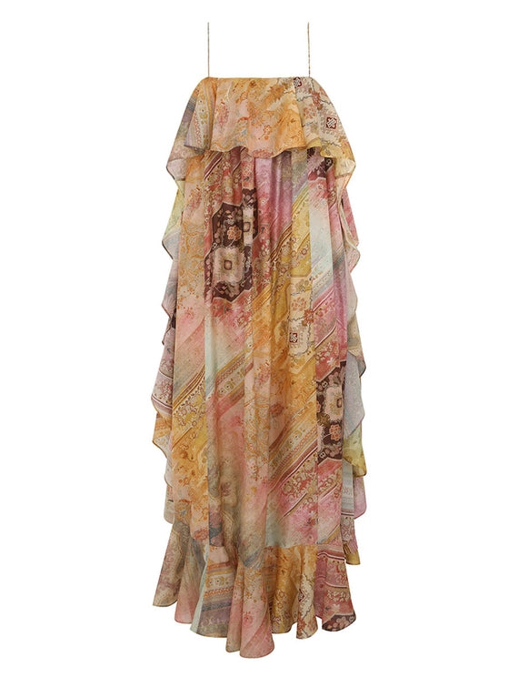 Bohemian Patchwork - Printed Ruffled Spaghetti - Strap Dress