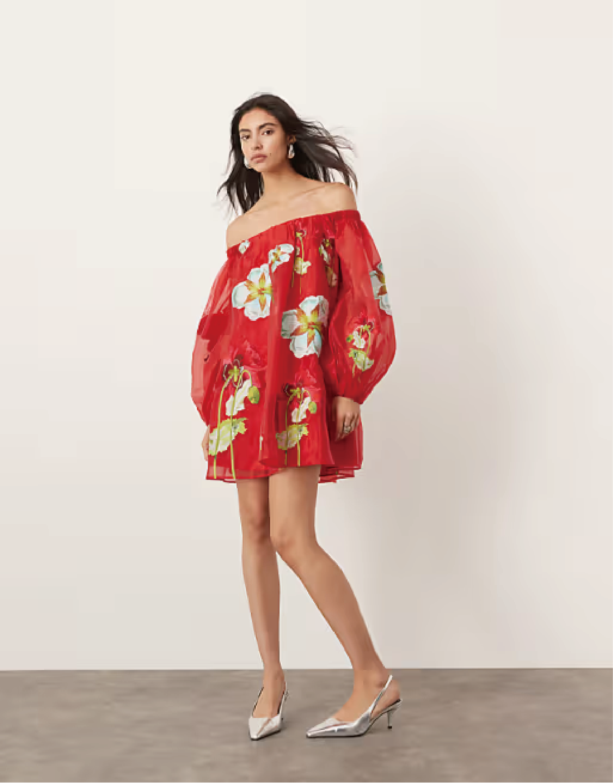 Off - Shoulder Floral Organza Lantern - Sleeve Mini Dress