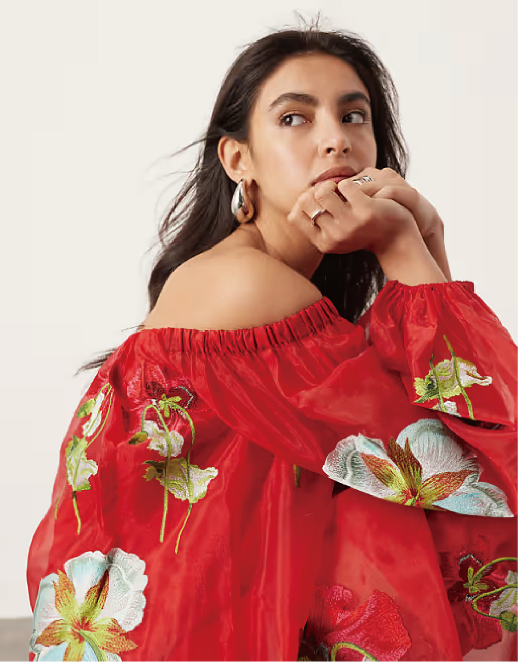 Off - Shoulder Floral Organza Lantern - Sleeve Mini Dress