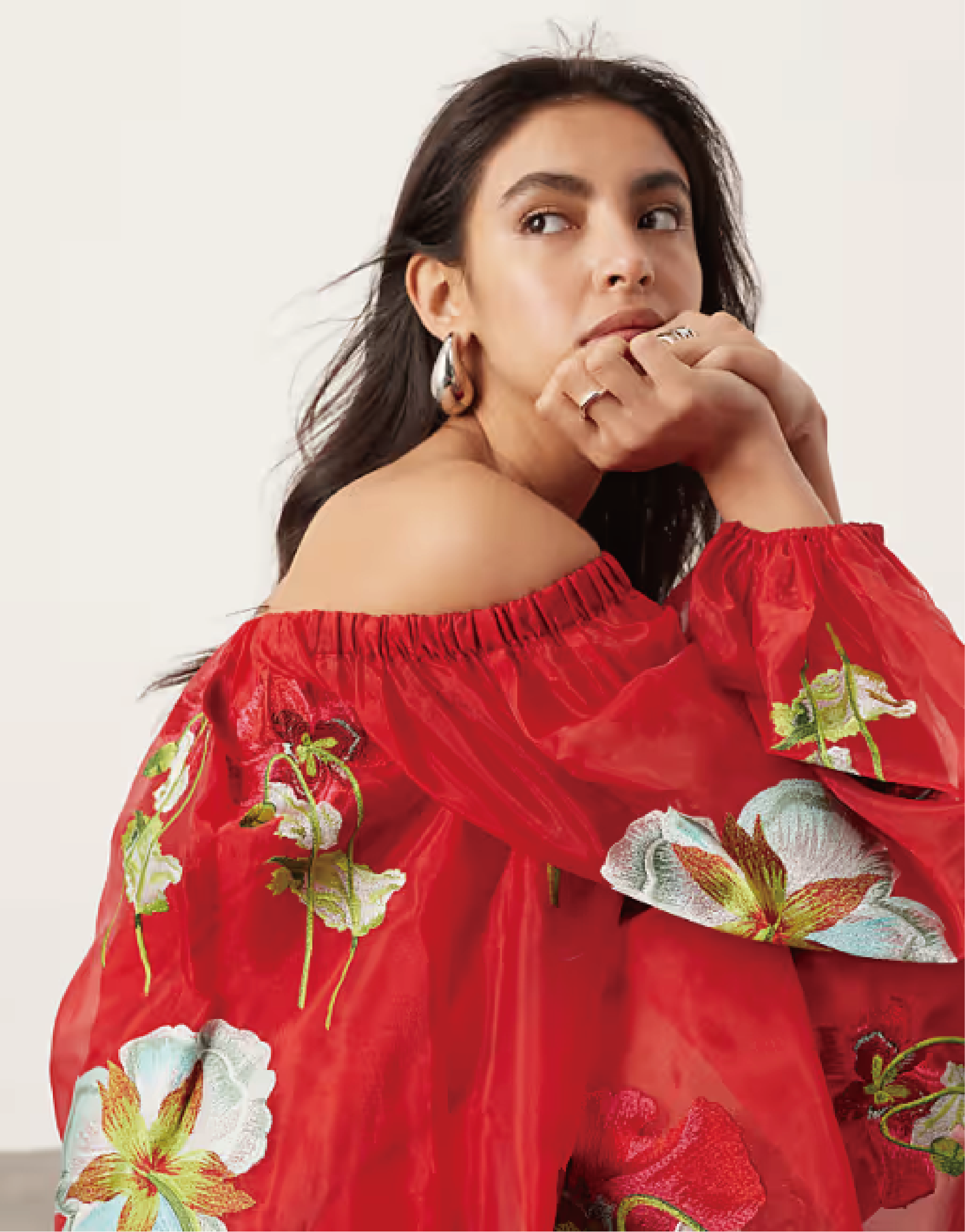 Off - Shoulder Floral Organza Lantern - Sleeve Mini Dress