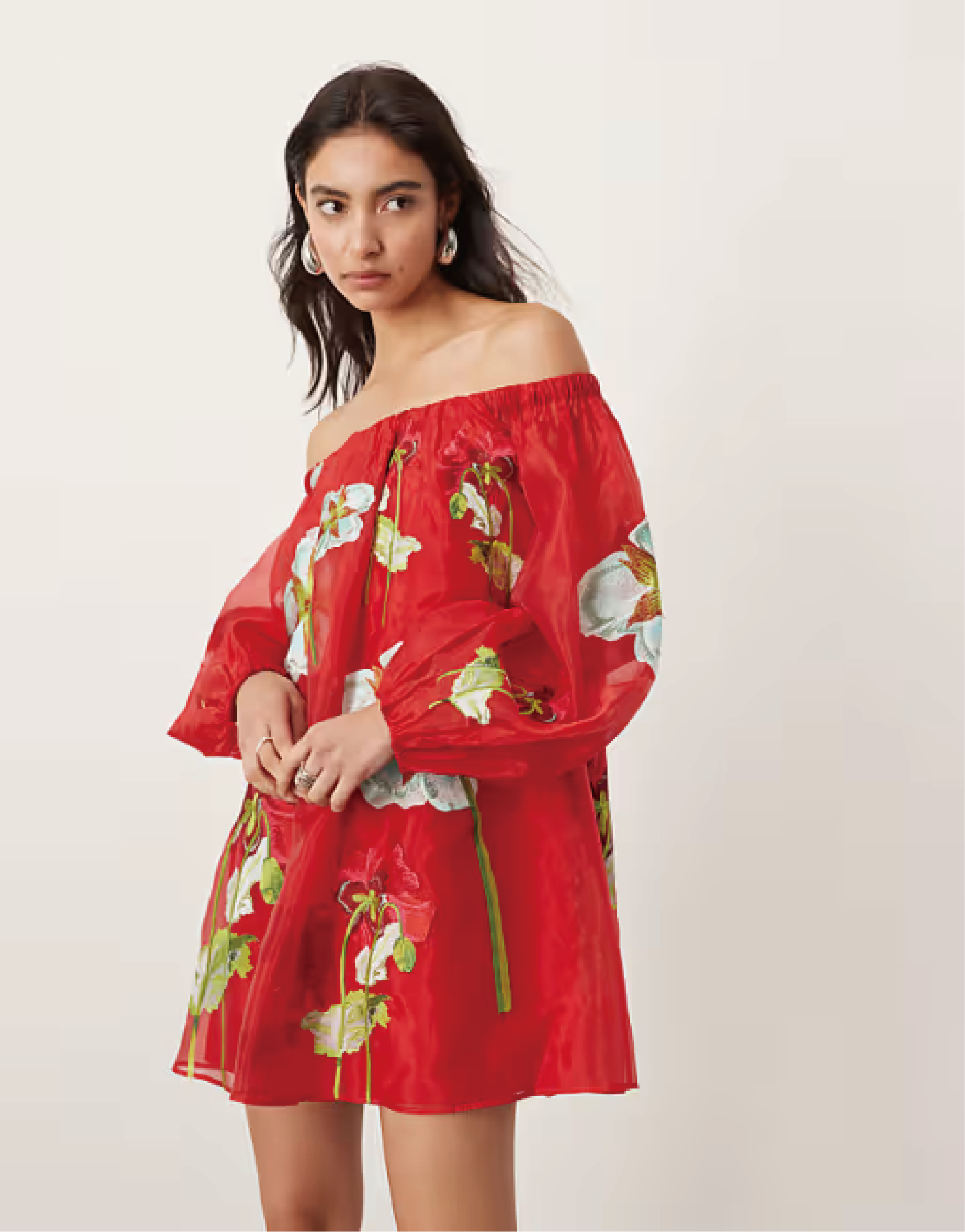 Off - Shoulder Floral Organza Lantern - Sleeve Mini Dress