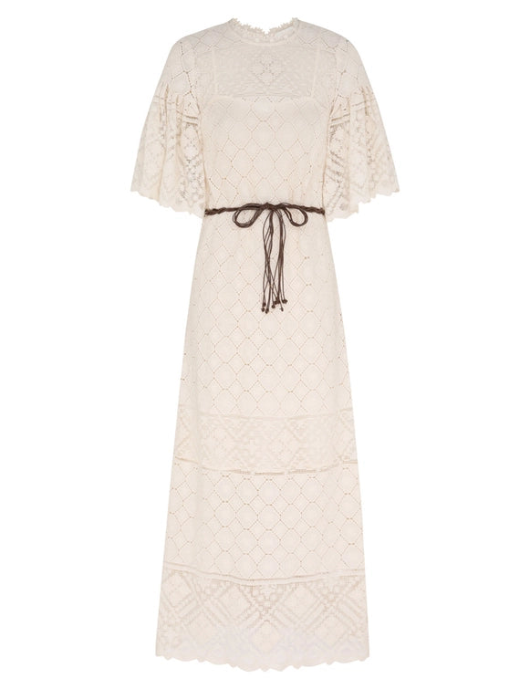 Diamond - Lattice Lace Waist - Tie Midi Dress