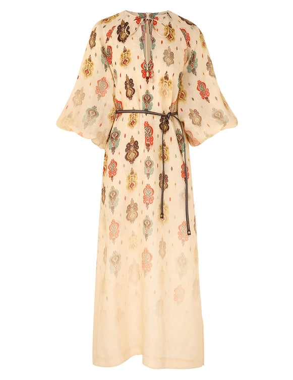 Bohemian - Style Printed Tie - Up Linen Dress