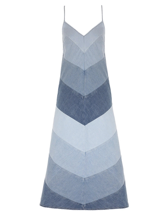 Denim - Patchwork V - Neck Spaghetti - Strap Maxi Dress