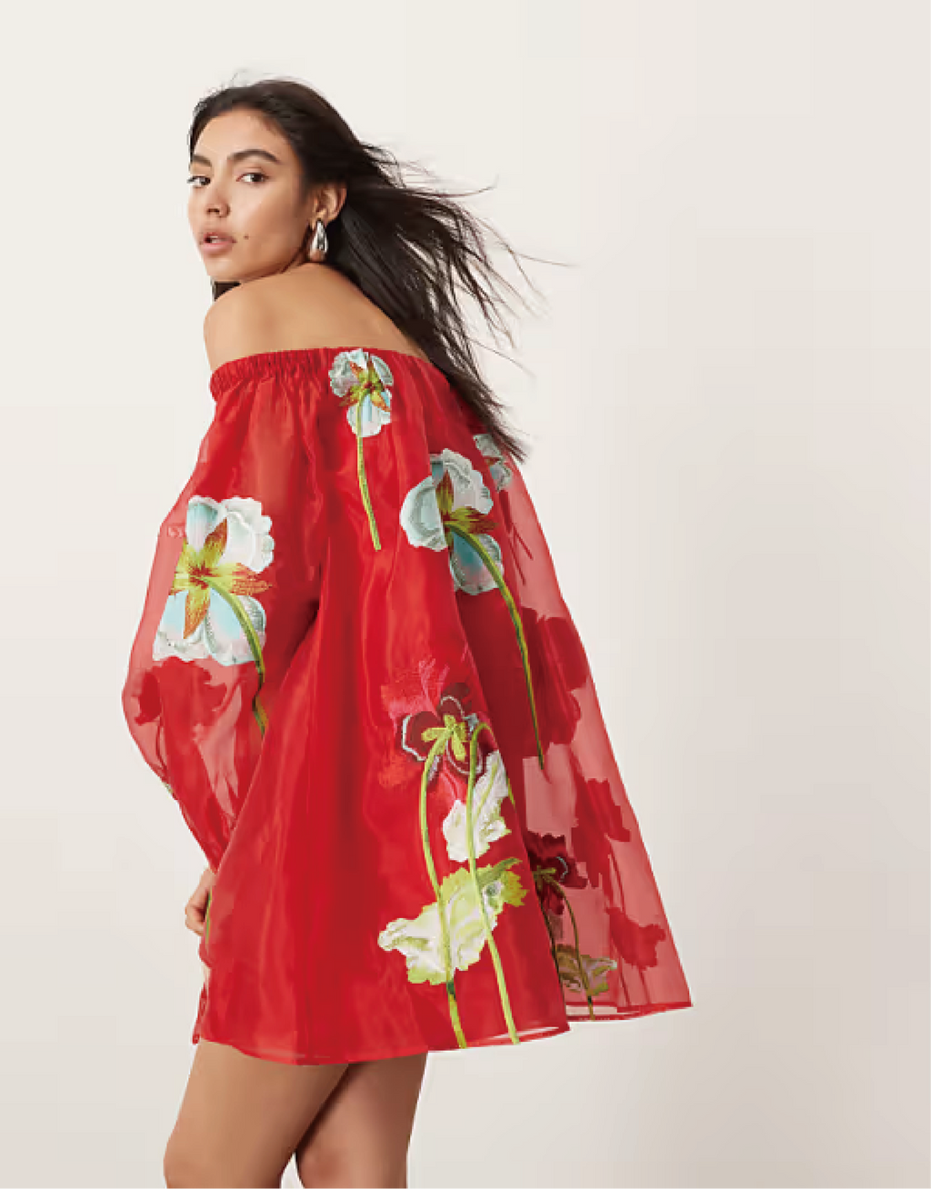 Off - Shoulder Floral Organza Lantern - Sleeve Mini Dress
