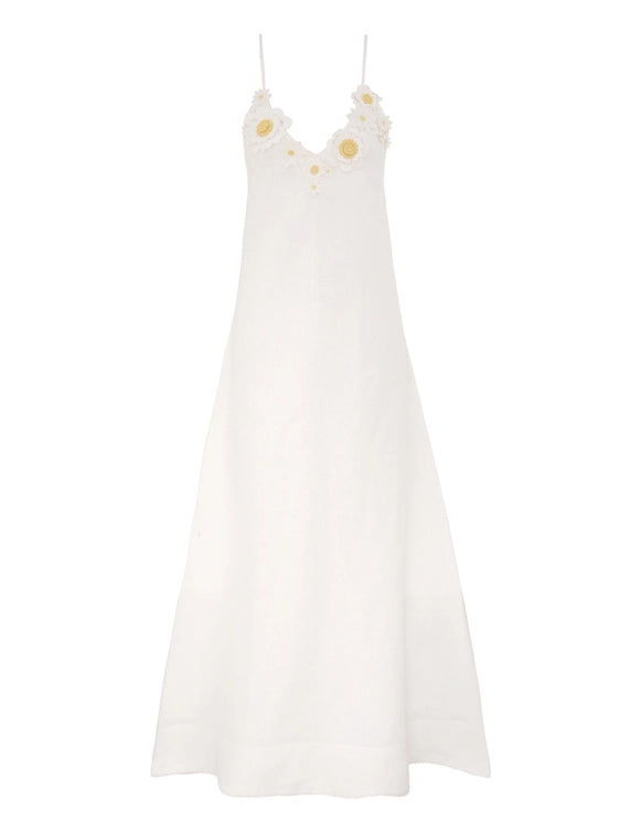 Daisy - Embellished Deep - V Spaghetti - Strap White Dress