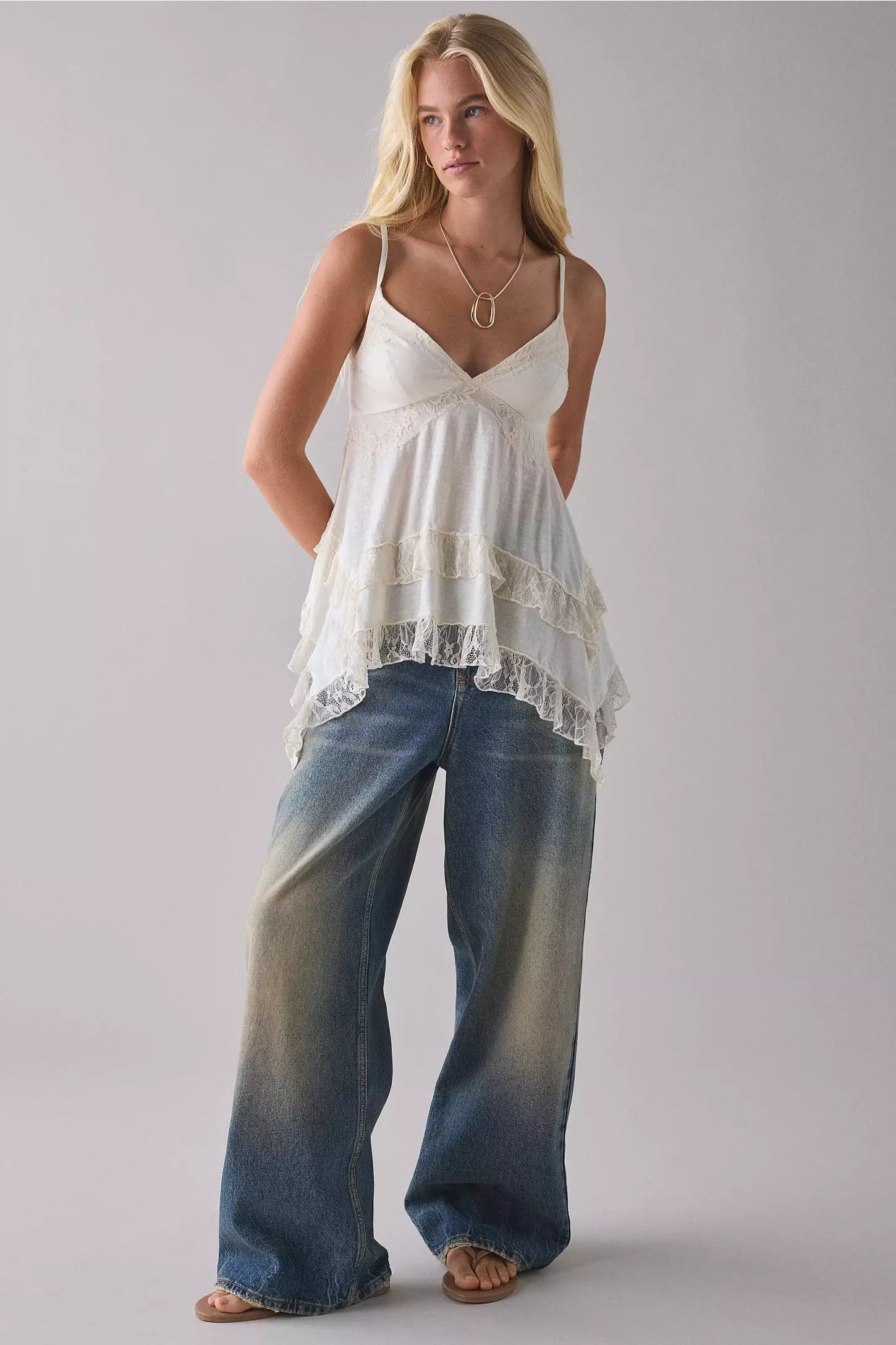Lace - Trimmed Spaghetti - Strap Top