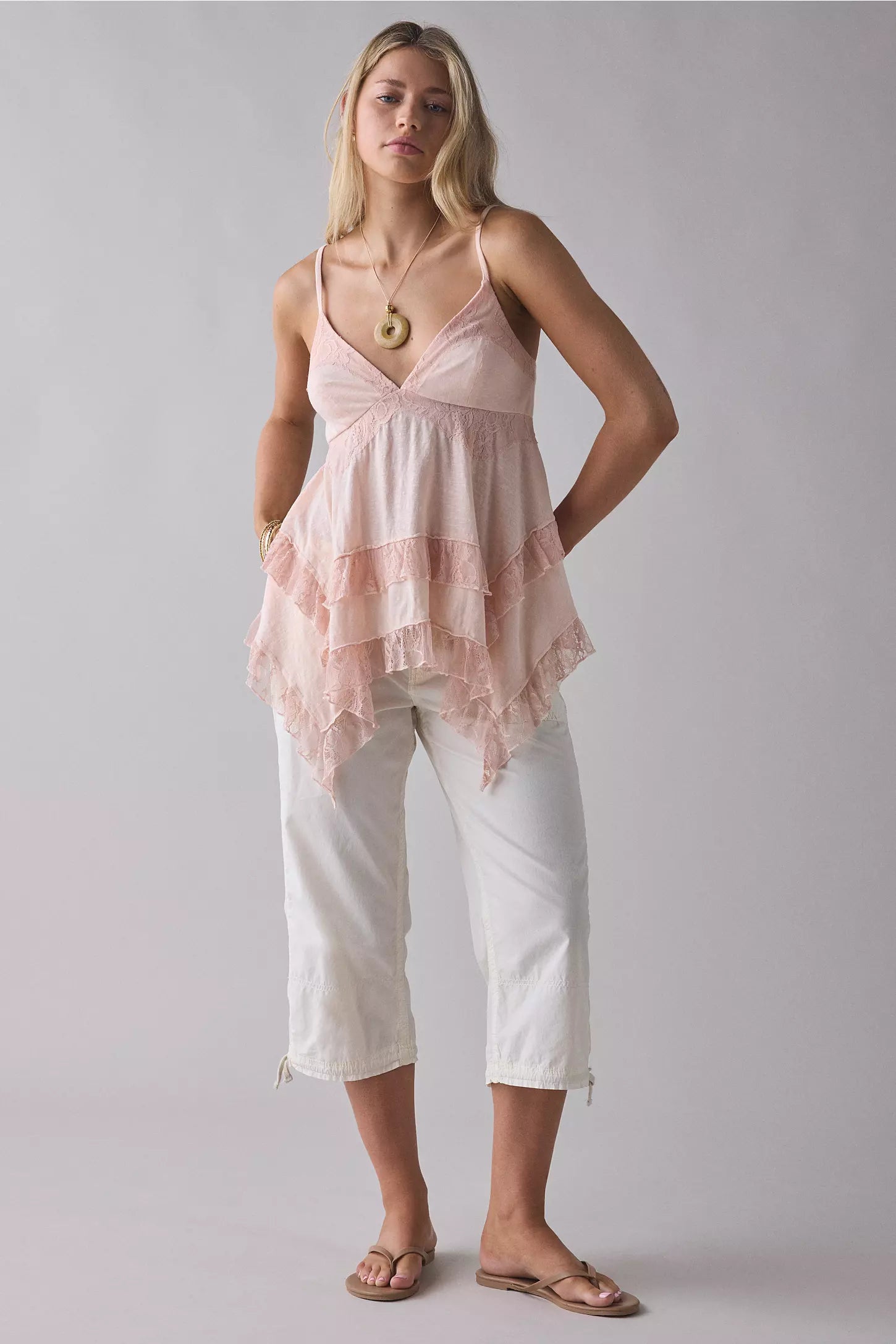Lace - Trimmed Spaghetti - Strap Top