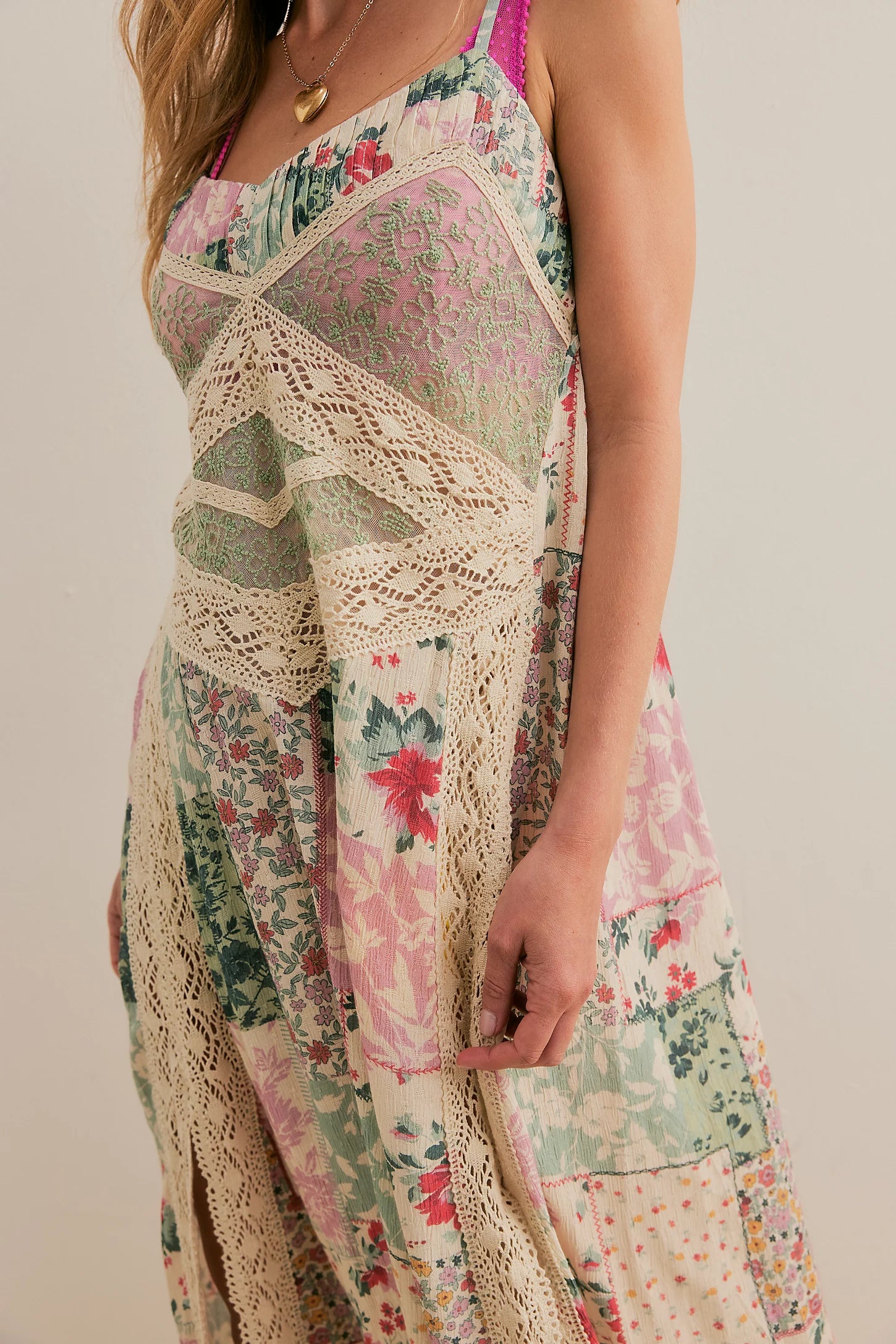 Bohemian Patchwork Lace Spaghetti - Strap Maxi Dress