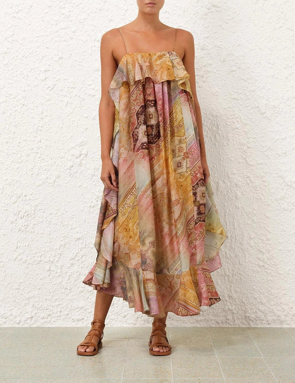 Bohemian Patchwork - Printed Ruffled Spaghetti - Strap Dress