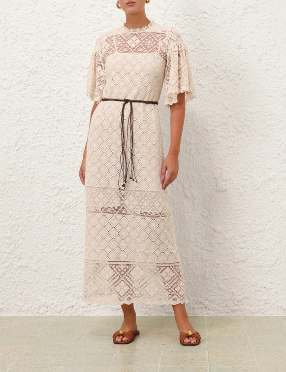 Diamond - Lattice Lace Waist - Tie Midi Dress