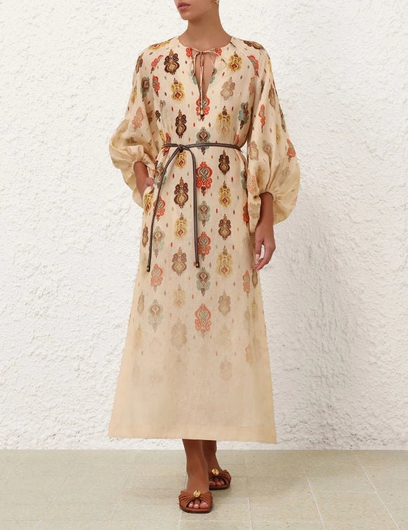 Bohemian - Style Printed Tie - Up Linen Dress