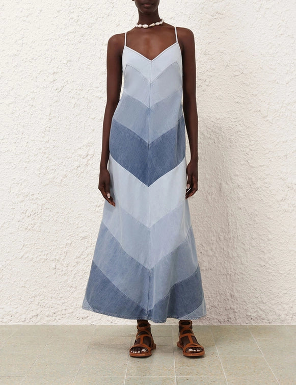 Denim - Patchwork V - Neck Spaghetti - Strap Maxi Dress