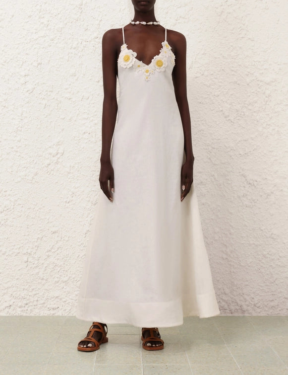 Daisy - Embellished Deep - V Spaghetti - Strap White Dress