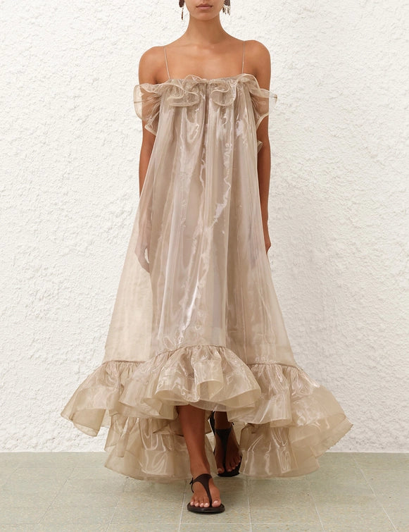Shimmery Organza Off - Shoulder Ruffled Dress