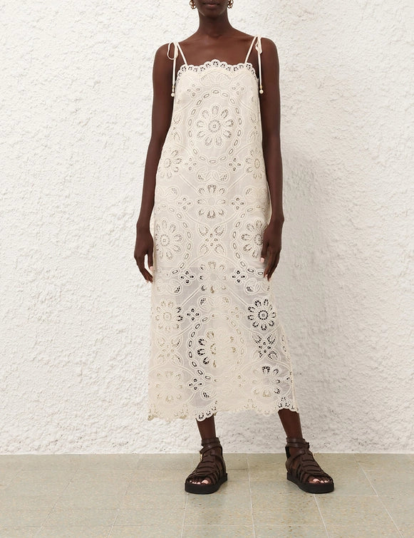 Ivory White Lace - Embroidered Spaghetti - Strap Dress