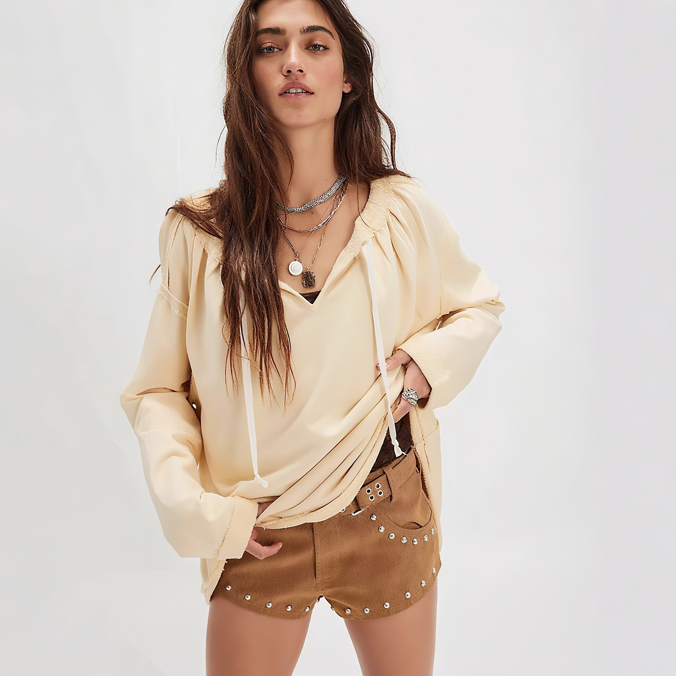 Distressed Drawstring V - Neck Loose Sweatshirt