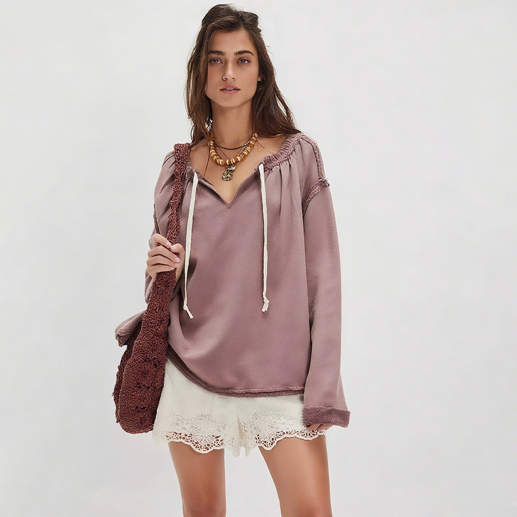 Distressed Drawstring V - Neck Loose Sweatshirt