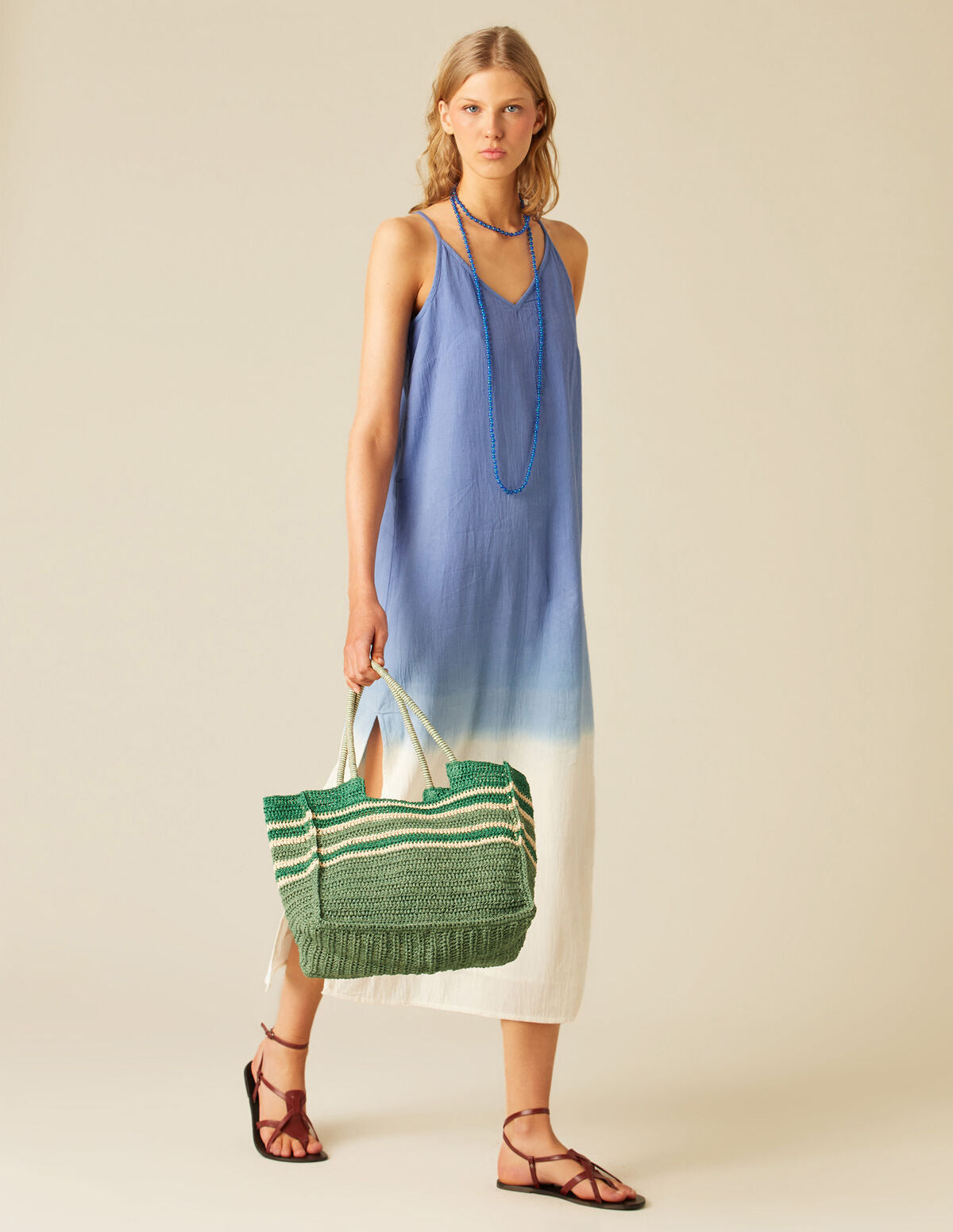 Gradient Blue - White Spaghetti - Strap Maxi Dress
