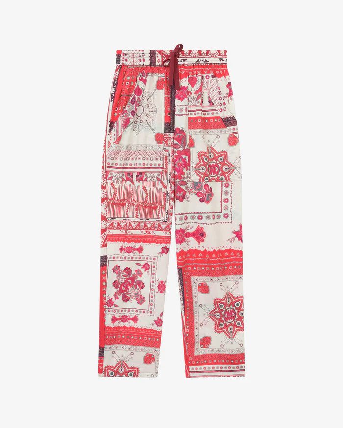 Crimson - Colored Ethnic - Style Printed Drawstring Casual Pants