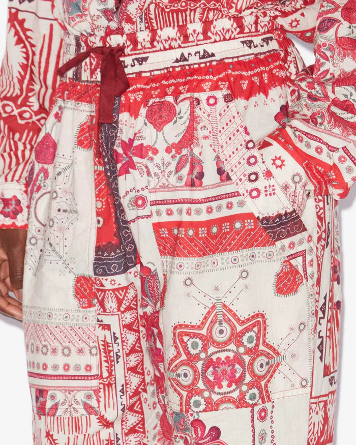 Crimson - Colored Ethnic - Style Printed Drawstring Casual Pants
