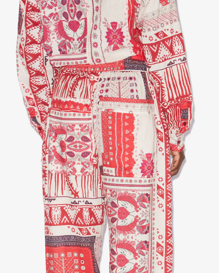 Crimson - Colored Ethnic - Style Printed Drawstring Casual Pants