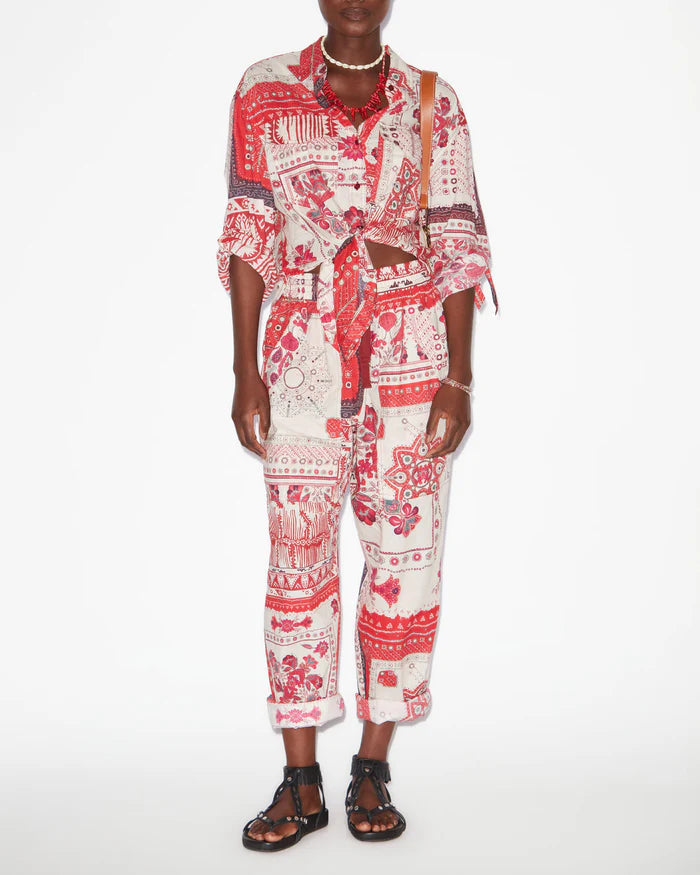 Crimson - Colored Ethnic - Style Printed Drawstring Casual Pants