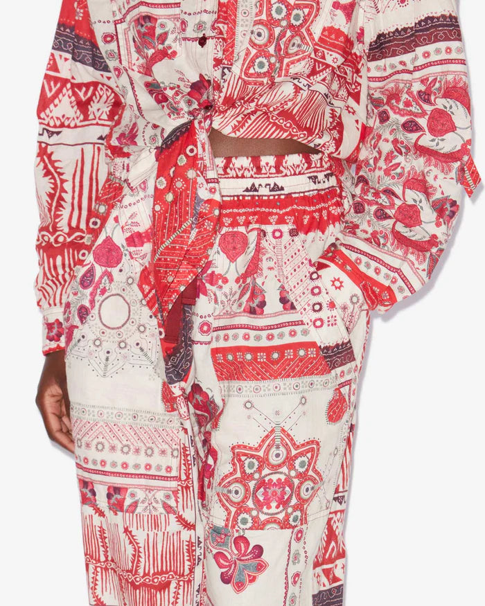 Crimson - Colored Ethnic - Style Printed Drawstring Casual Pants