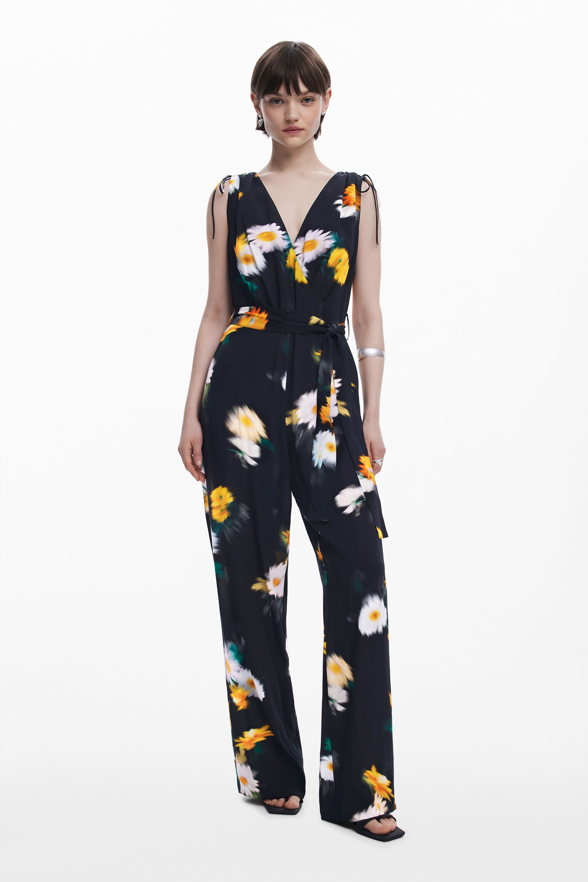 Floral - Printed Tie - Waist Jumpsuit