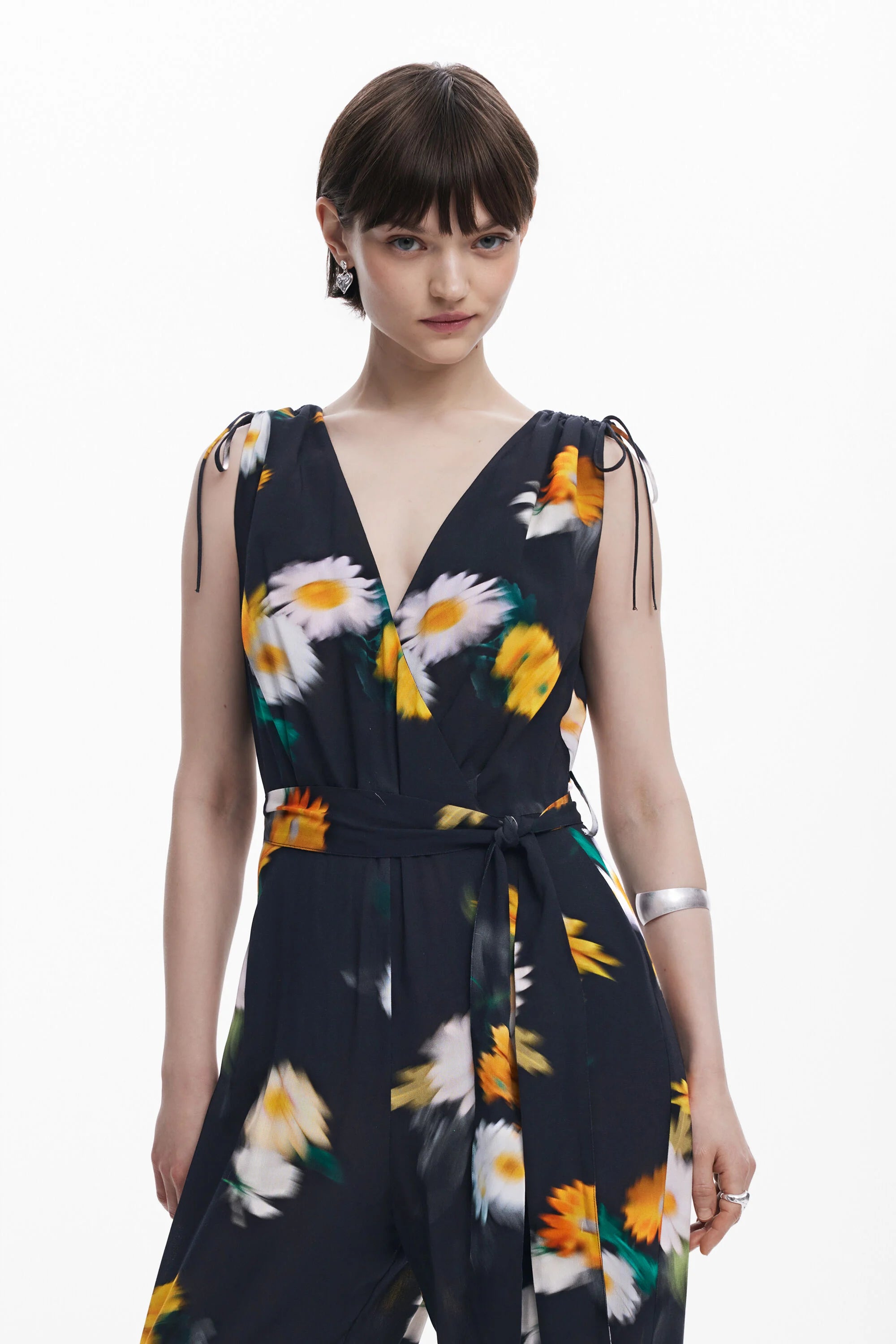 Floral - Printed Tie - Waist Jumpsuit