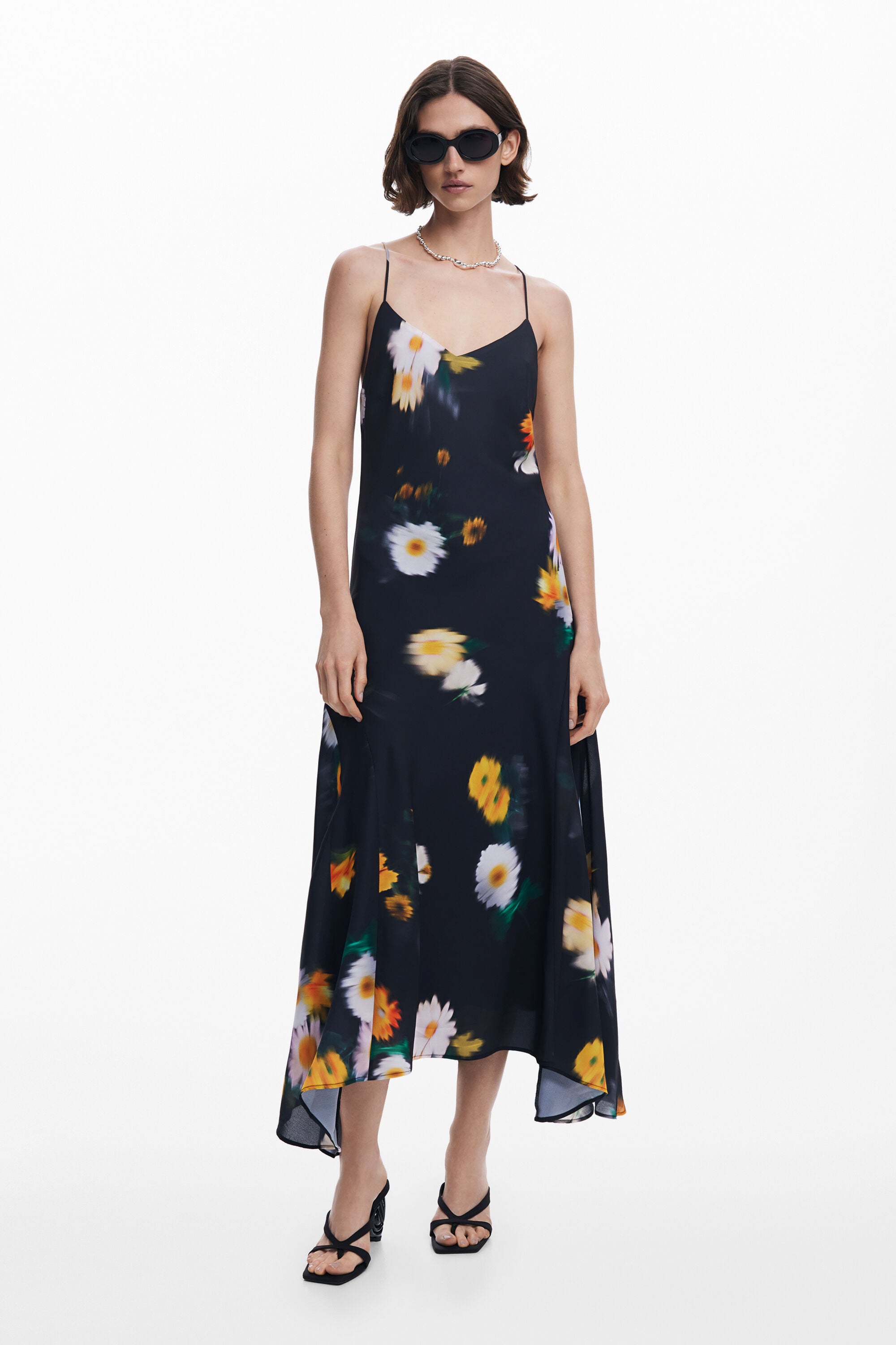Printed Spaghetti - Strap Asymmetric Maxi Dress