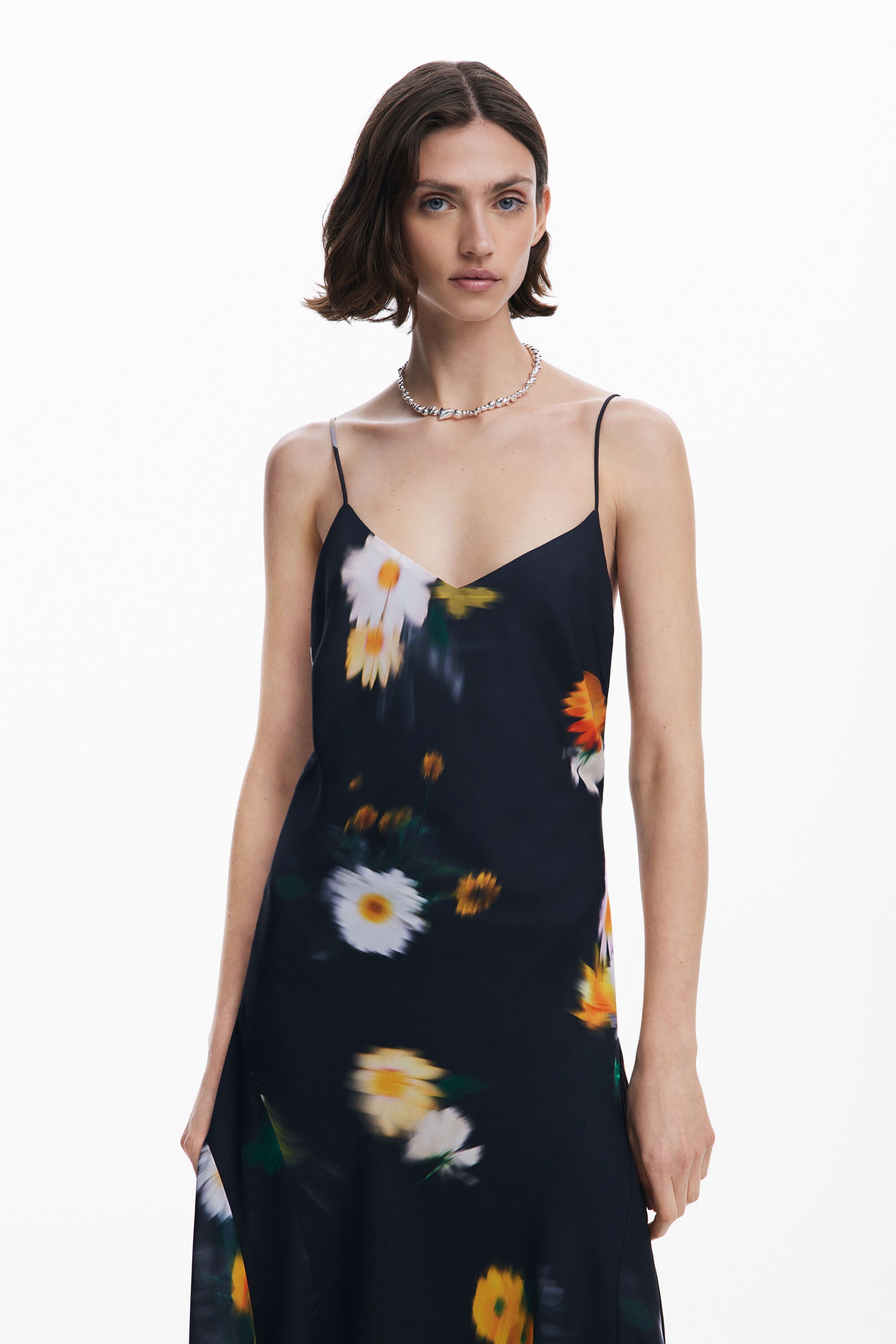 Printed Spaghetti - Strap Asymmetric Maxi Dress