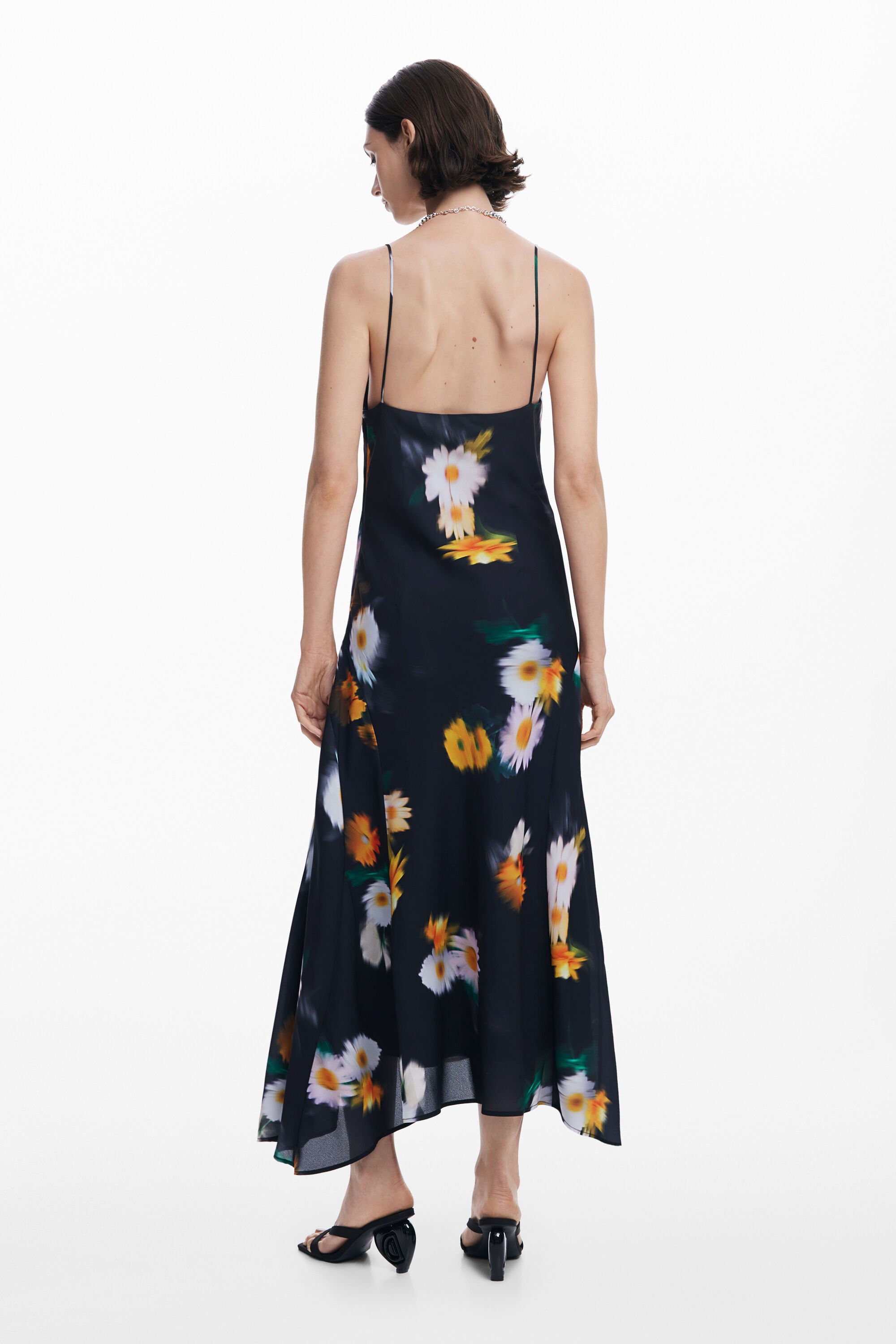 Printed Spaghetti - Strap Asymmetric Maxi Dress