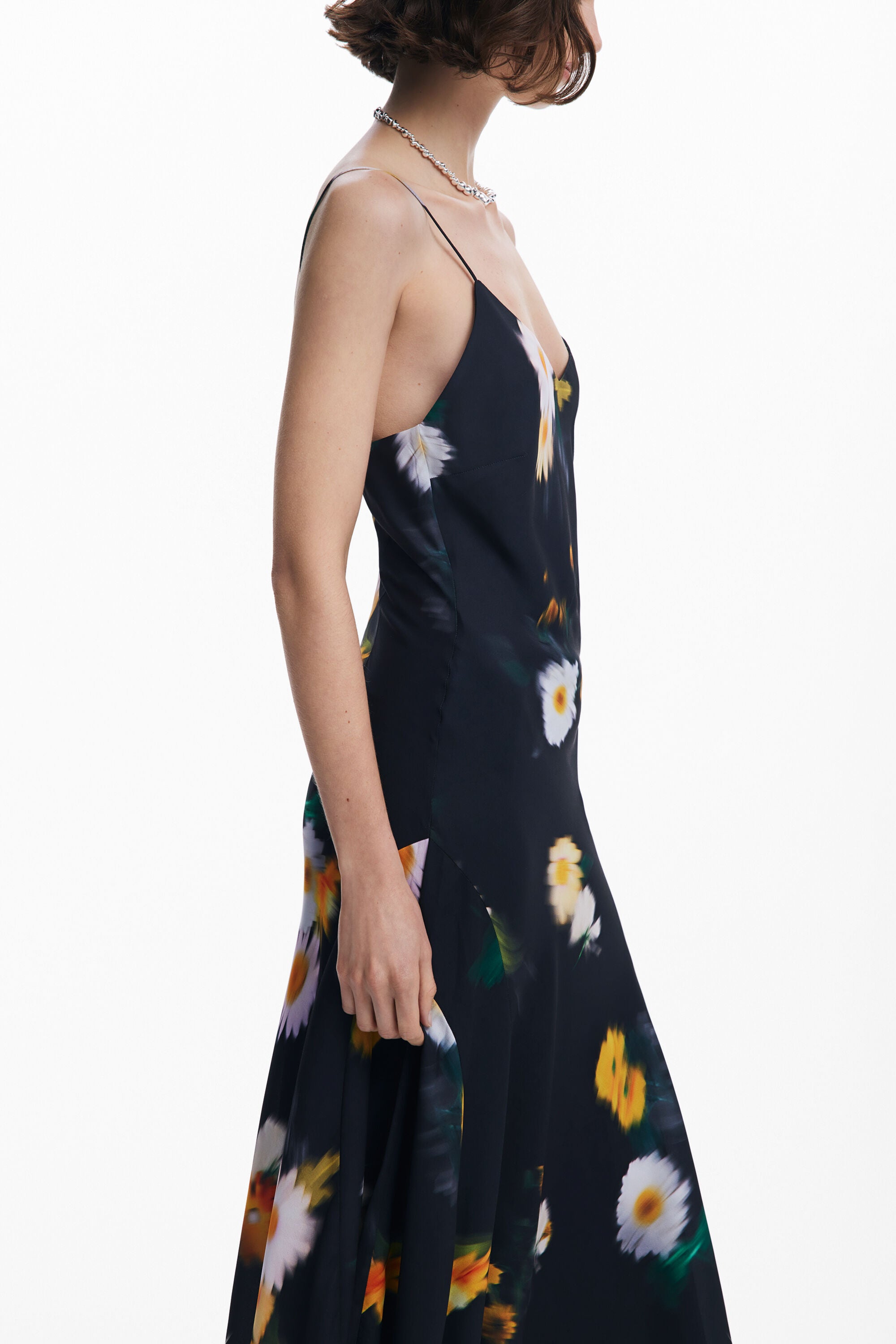Printed Spaghetti - Strap Asymmetric Maxi Dress