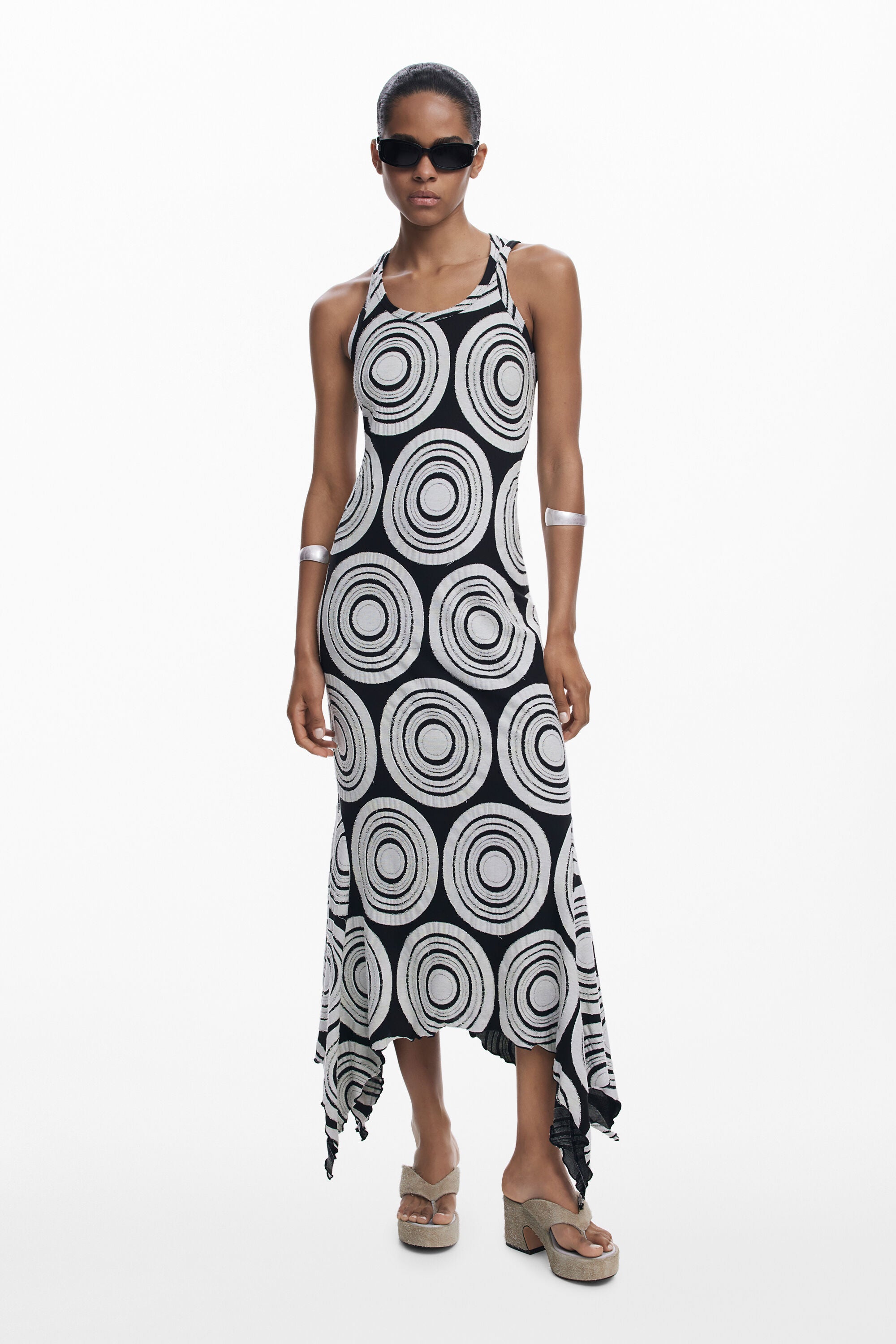 Black - and - White Pop Art Circle - Printed Sleeveless Asymmetric Maxi Dress