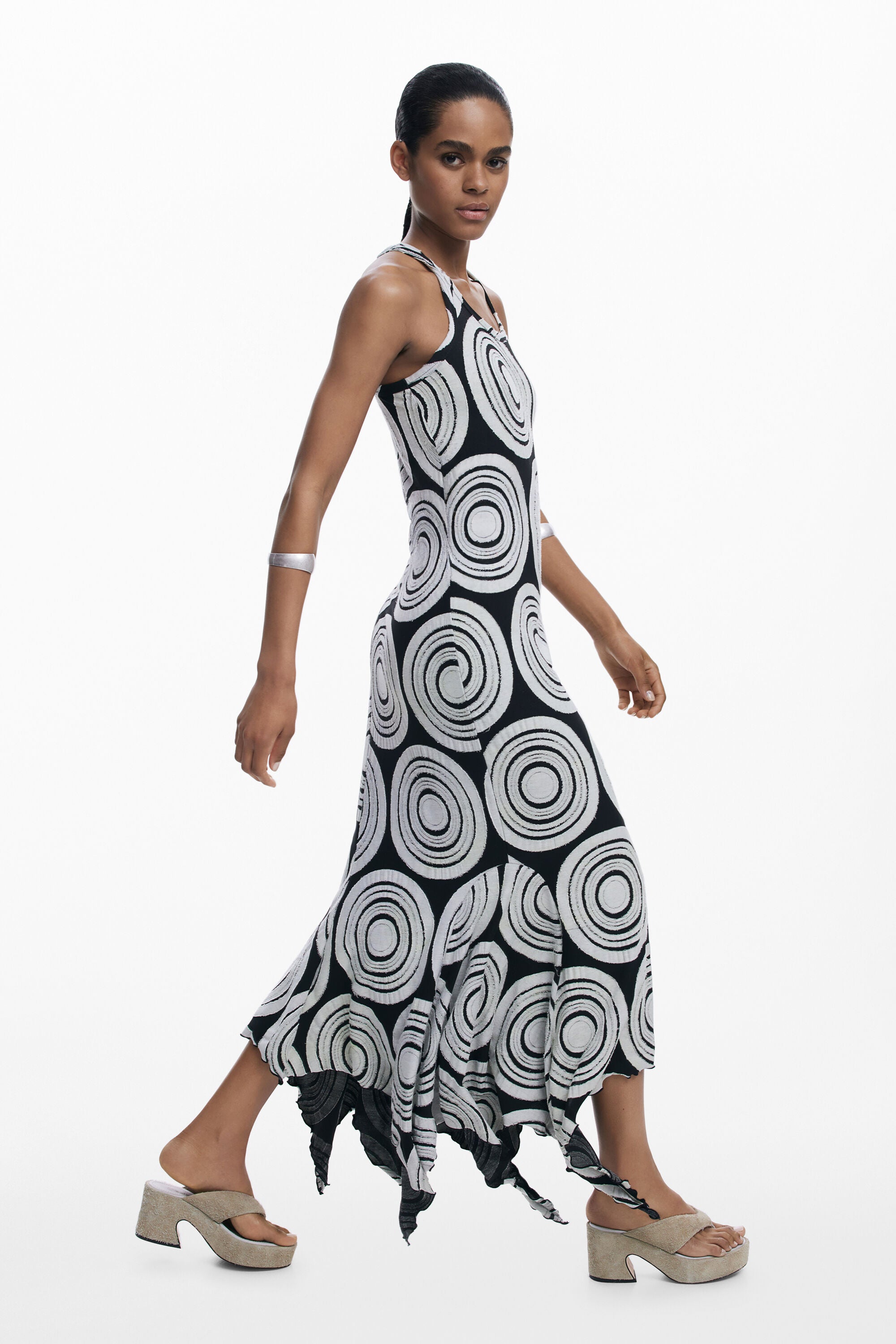 Black - and - White Pop Art Circle - Printed Sleeveless Asymmetric Maxi Dress