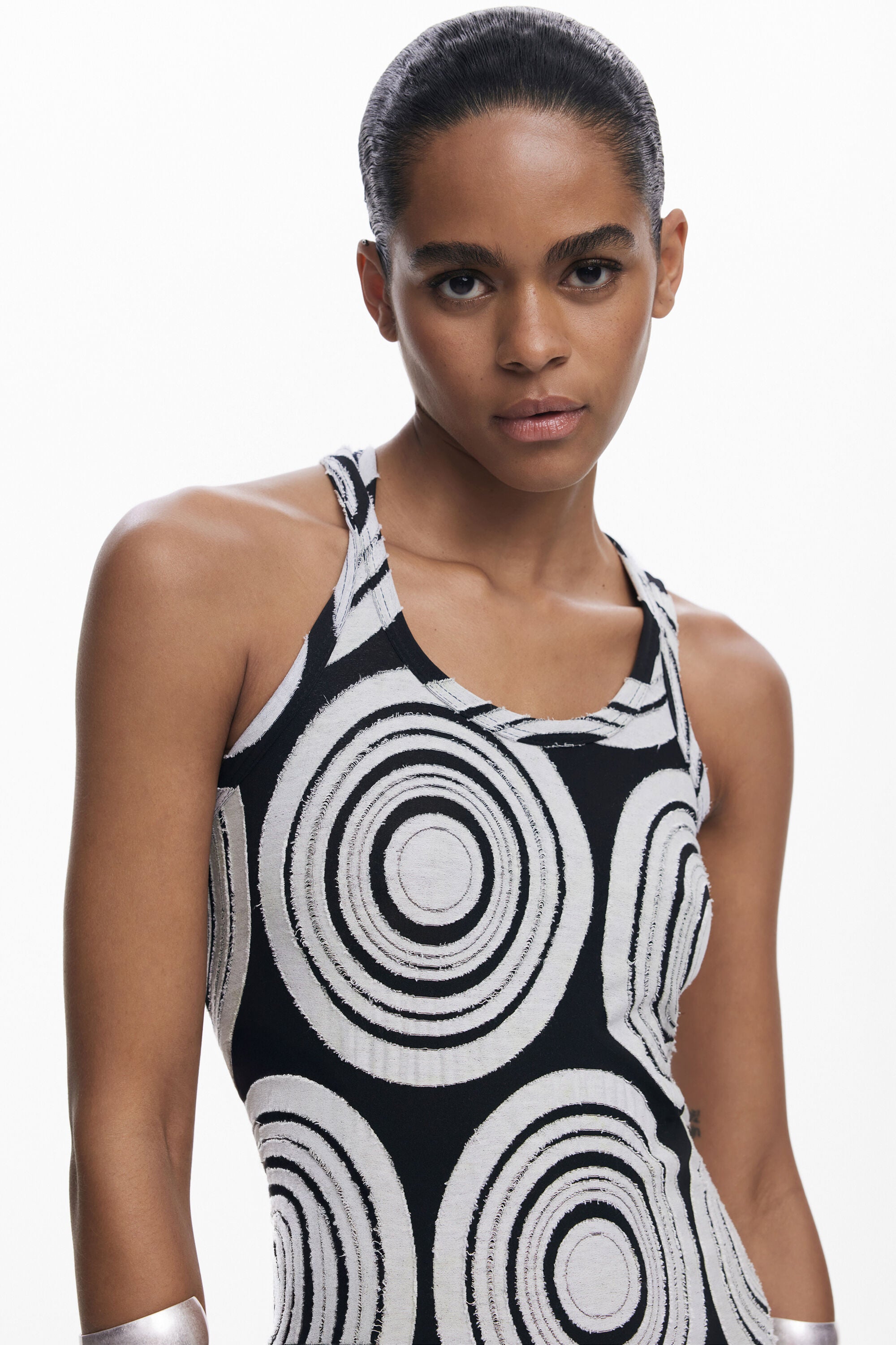 Black - and - White Pop Art Circle - Printed Sleeveless Asymmetric Maxi Dress