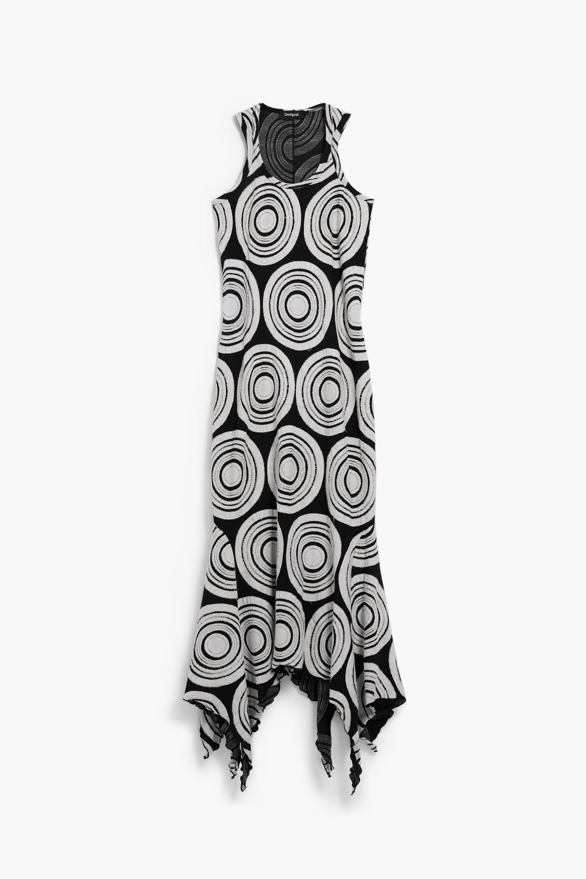 Black - and - White Pop Art Circle - Printed Sleeveless Asymmetric Maxi Dress
