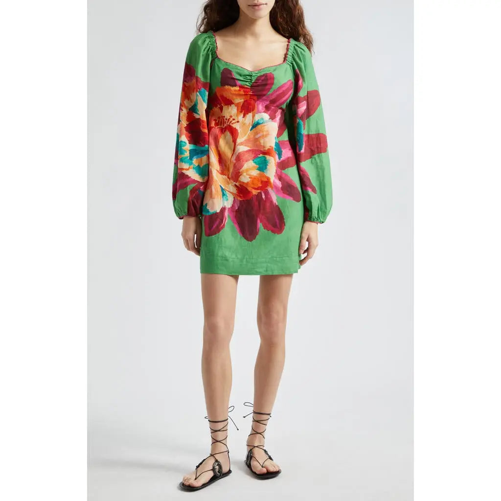 Square - Neck Lantern - Sleeve Floral - Printed Mini Dress