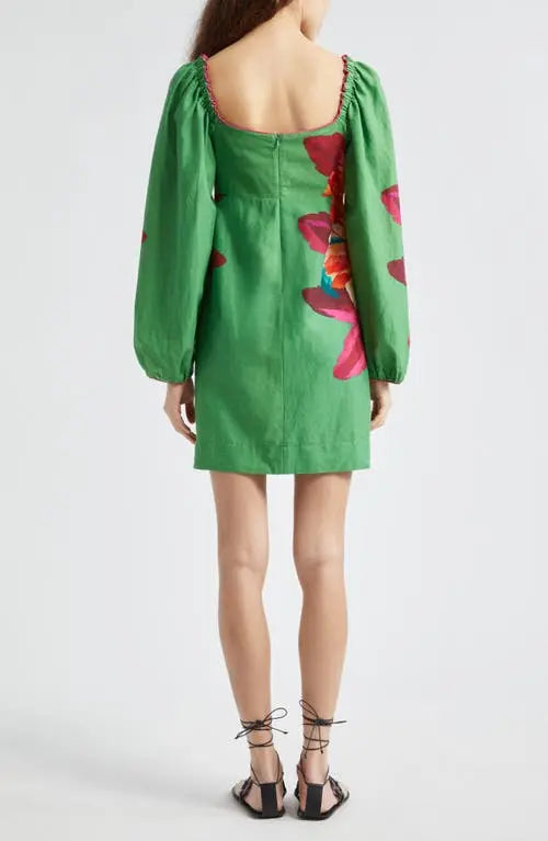 Square - Neck Lantern - Sleeve Floral - Printed Mini Dress