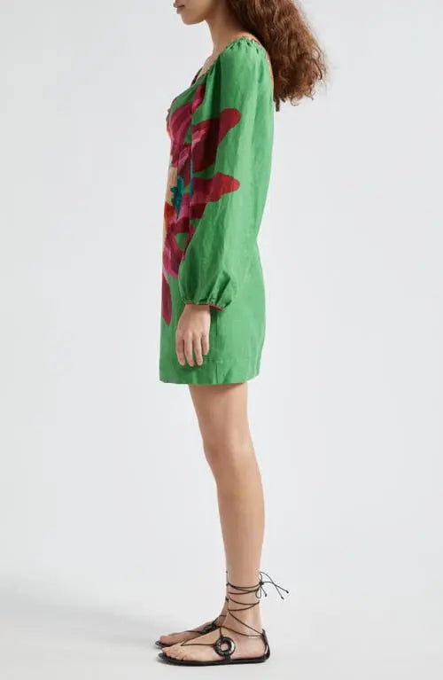 Square - Neck Lantern - Sleeve Floral - Printed Mini Dress