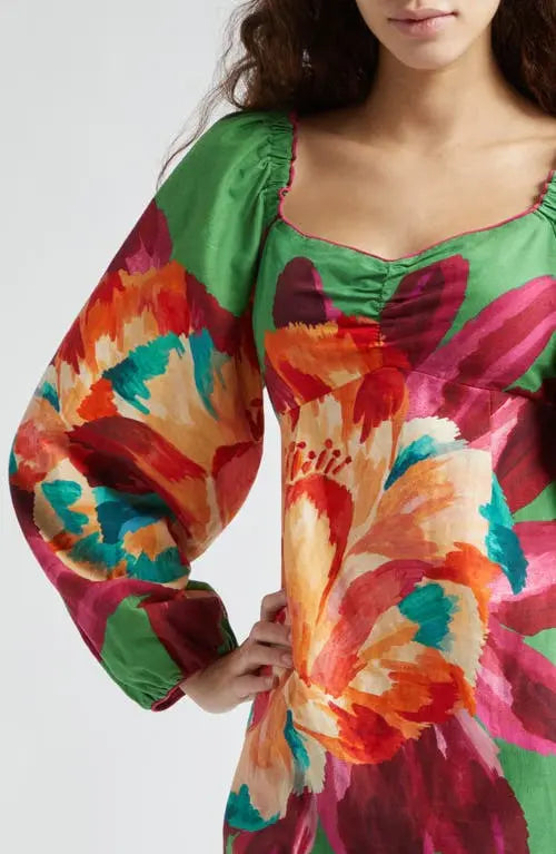 Square - Neck Lantern - Sleeve Floral - Printed Mini Dress