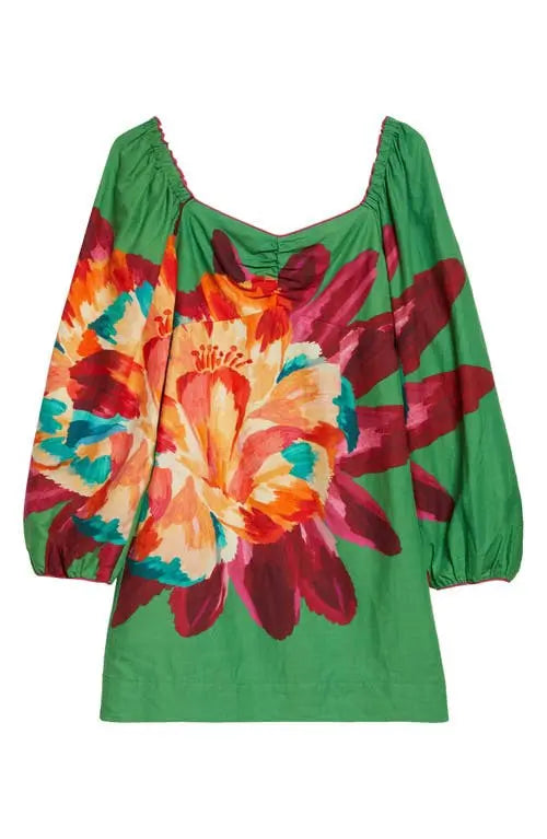 Square - Neck Lantern - Sleeve Floral - Printed Mini Dress